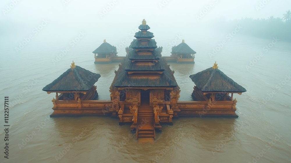 Obraz premium A serene temple complex surrounded by water and mist, evoking tranquility and spirituality.