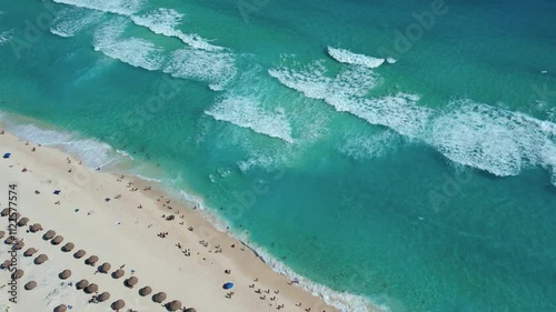 Aerial Drone View of Playa Delfines in Cancun with Turquoise Waters