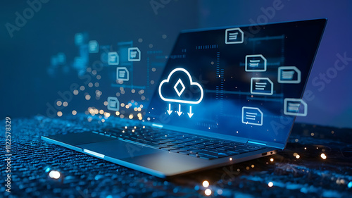 Wallpaper Mural Close-Up of Laptop with Glowing Cloud Icon, cloud computing concept, cloud storage, uploading data on cloud,CC Torontodigital.ca