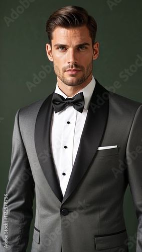 Mens charcoal gray tuxedo one button design with shawl collar black bow tie dark green background  photo