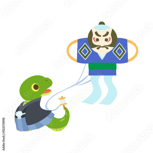 凧揚げをする蛇。フラットなベクターイラスト。 A snake fly a kite. Flat designed vector illustration.