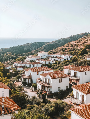 Charming coastal village with white houses and red roofs overlooking the sea in summer