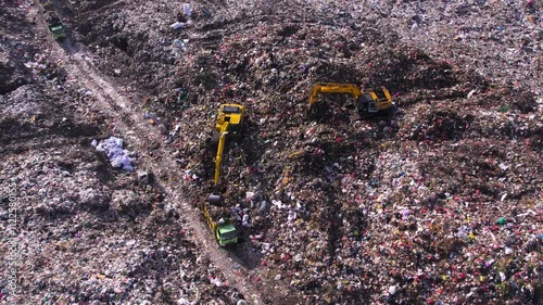 Thrash and plastic at landfill, huge garbage dump overfilled, rubbish recycling failure. Waste management, ecological disaster, unsorted non-recyclable thrash piles