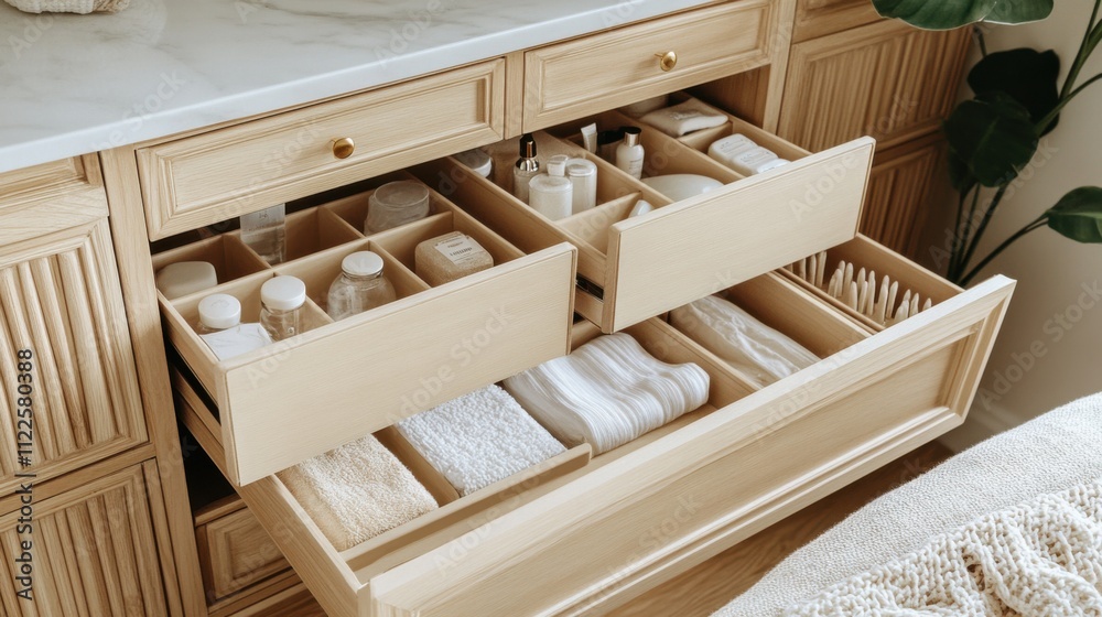 A neatly organized wooden dresser with multiple open drawers displaying neatly arranged toiletries and towels, creating a clean and aesthetic look. A neatly organized wooden dresser with multiple open drawers displaying neatly arranged toiletries and towels, creating a clean and aesthetic look.