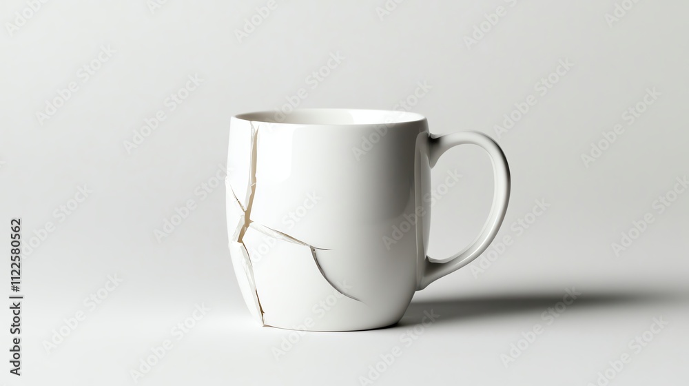Cracked white mug with a unique design on a neutral background. Cracked white mug with a unique design on a neutral background.