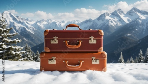 suitcase ready for holiday adventures amidst a snowy backdrop. Ideal for travel brochures, holiday greeting cards, or social media posts celebrating the spirit of the season!banner/web/design/flyer