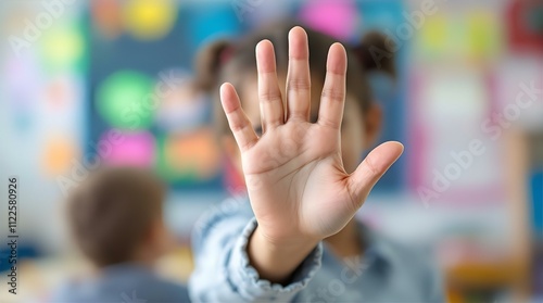 Child's hand held up in front of blurry classroom background, showing stop gesture, conveying a sense of protection or refusal.