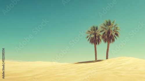 Two palm trees stand tall in a vast desert under a clear blue sky on a sunny day