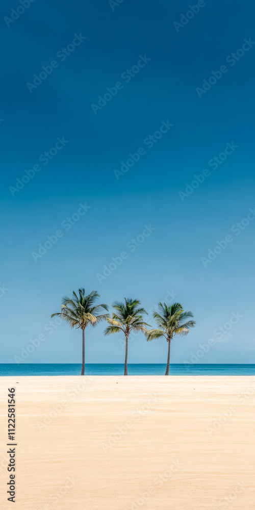Fototapeta premium Three palm trees stand on a pristine beach under a clear blue sky