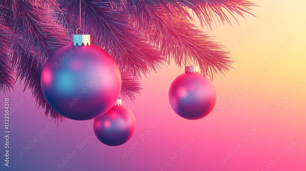 Obraz premium Colorful Christmas ornament hanging from a pine branch against a gradient background.