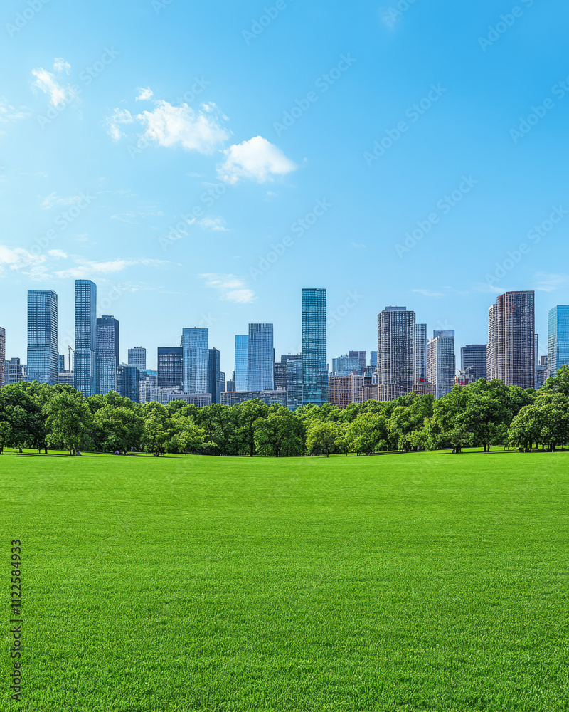 Fototapeta premium Vibrant city skyline view with lush green park under clear blue sky in urban setting