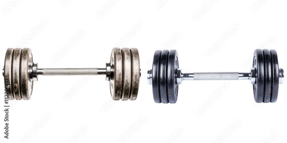 A pair of dumbbells showcasing different weights and materials, designed for strength training and fitness exercises, white background, transparent background. A pair of dumbbells showcasing different weights and materials, designed for strength training and fitness exercises, white background, transparent background.