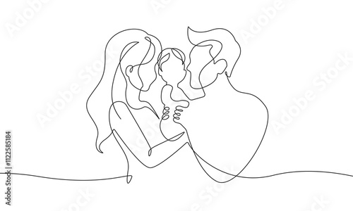 Happy Family Continuous One Line Drawing. Mother, Father and Child Together Single Line Drawing Minimalist Illustration. Happy Family Simple Vector Illustration