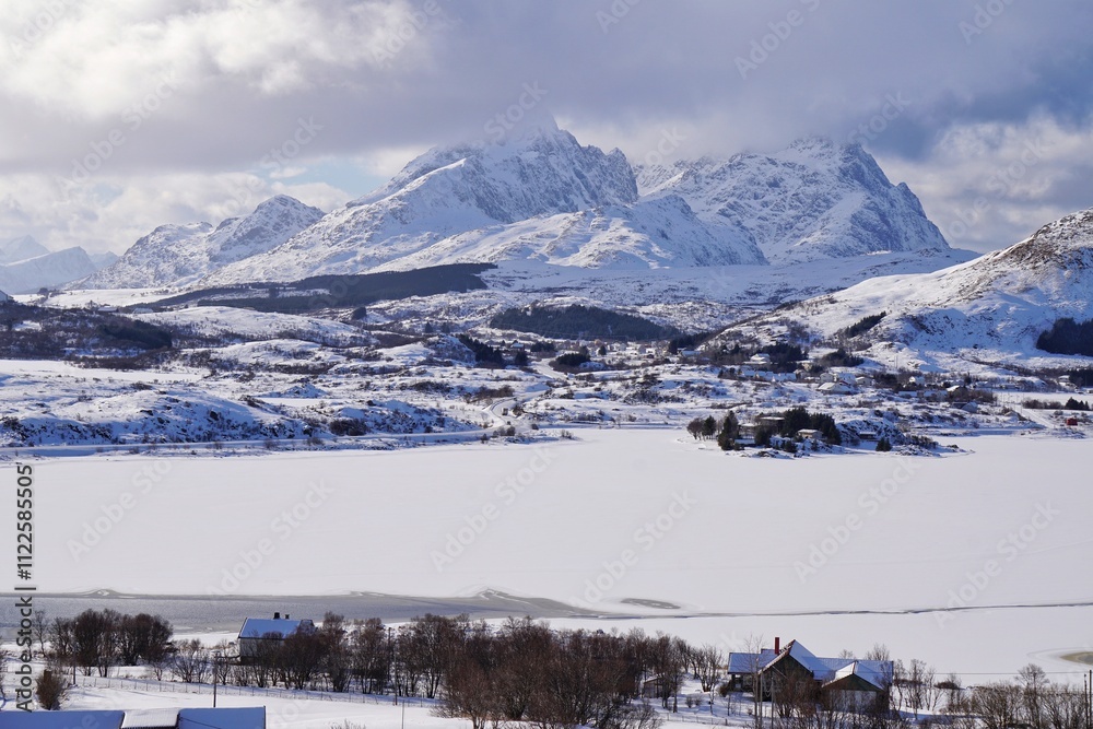 Beautiful town with snow mountain during winter season.