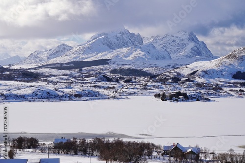 Obraz na płótnie Beautiful town with snow mountain during winter season. w salonie