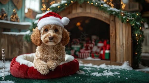 Adorable fluffy dog in Santa hat sits in a red Christmas bed with presents.