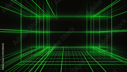 Abstract digital art with green neon lines forming a grid pattern over a black background