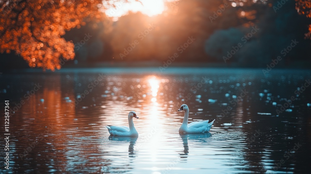 Fototapeta premium Two swans on calm lake at sunset.