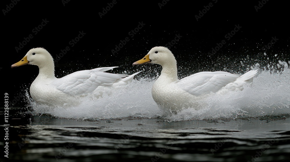 Obraz premium Two white ducks splashing in water.