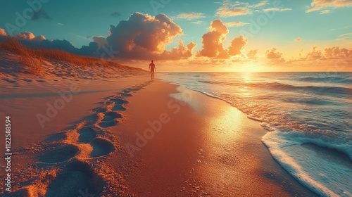 A person walking along a peaceful beach, feeling a sense of emotional release and renewal  photo