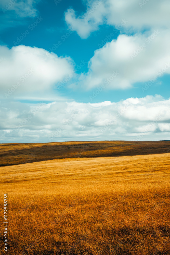 Expansive golden grassland under a vibrant blue sky with fluffy clouds Expansive golden grassland under a vibrant blue sky with fluffy clouds