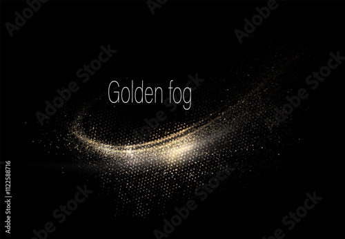 Isolated abstract golden tinsel arc on black background, design component.