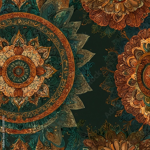 A detailed bohemian mandala design, with intricate layers of swirling patterns and vibrant earth tones like terracotta, ochre, and deep green. photo