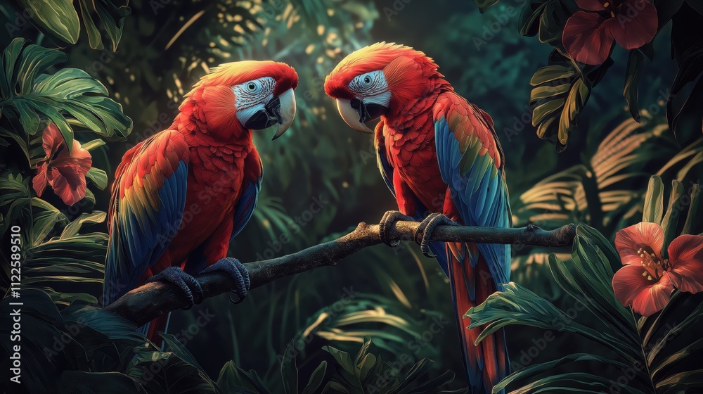 Fototapeta premium Scarlet Macaws in Lush Tropical Paradise: A Vibrant Digital Painting of Two Majestic Birds Perched on a Branch Amidst Vivid Green Foliage and Delicate Flowers