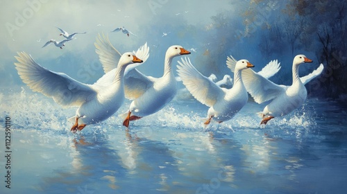 White geese in full stride, running across a tranquil lake with their wings flapping, creating ripples in the water, embodying the power of nature. photo