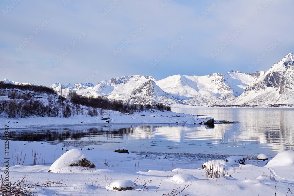Beautiful lake with snow mountain background.
