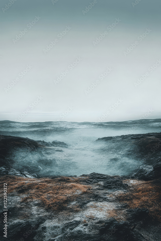 Obraz premium Misty landscape at dawn with rocky terrain and low-lying fog