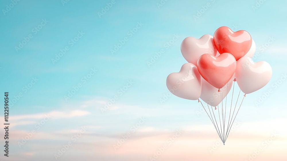 Fototapeta premium Floating heart balloons sunny sky digital art whimsical uplifting concept