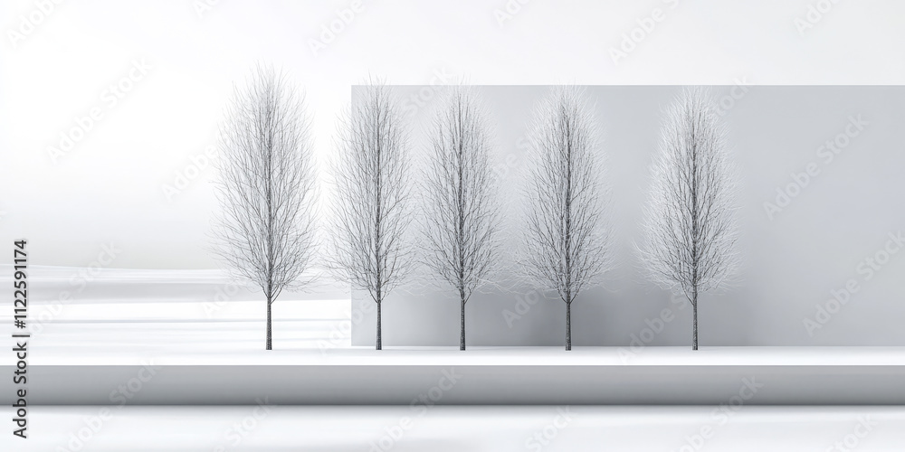 Fototapeta premium Winter landscape showcasing minimalist trees against a snowy backdrop