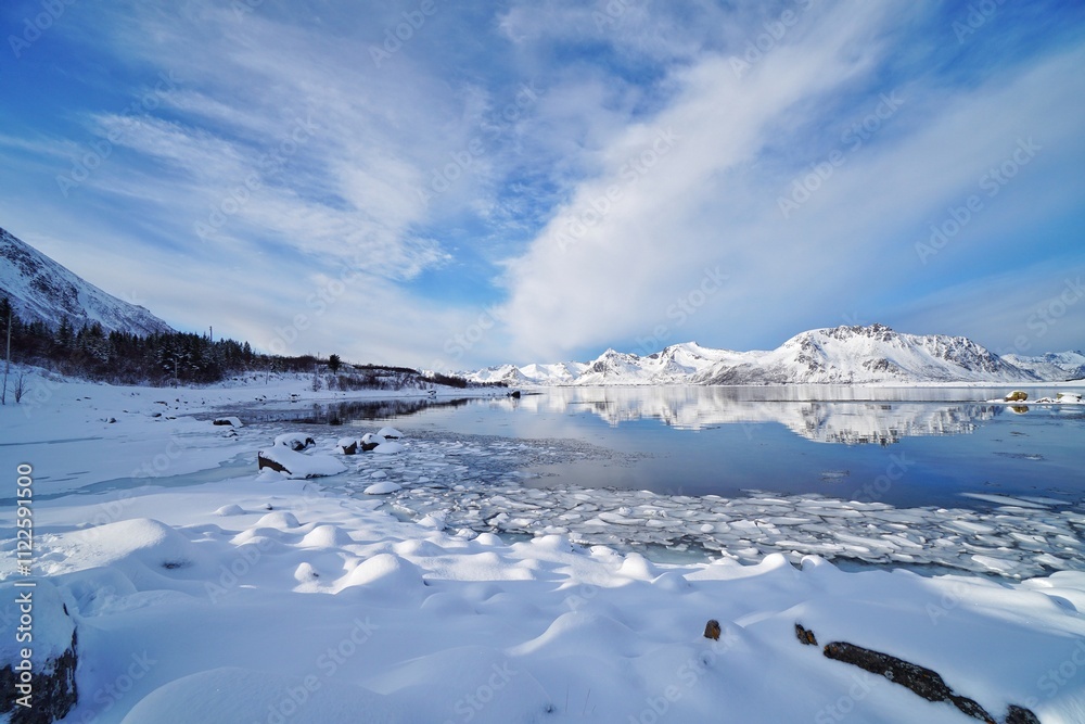Beautiful snow mountain and lake at Norway.