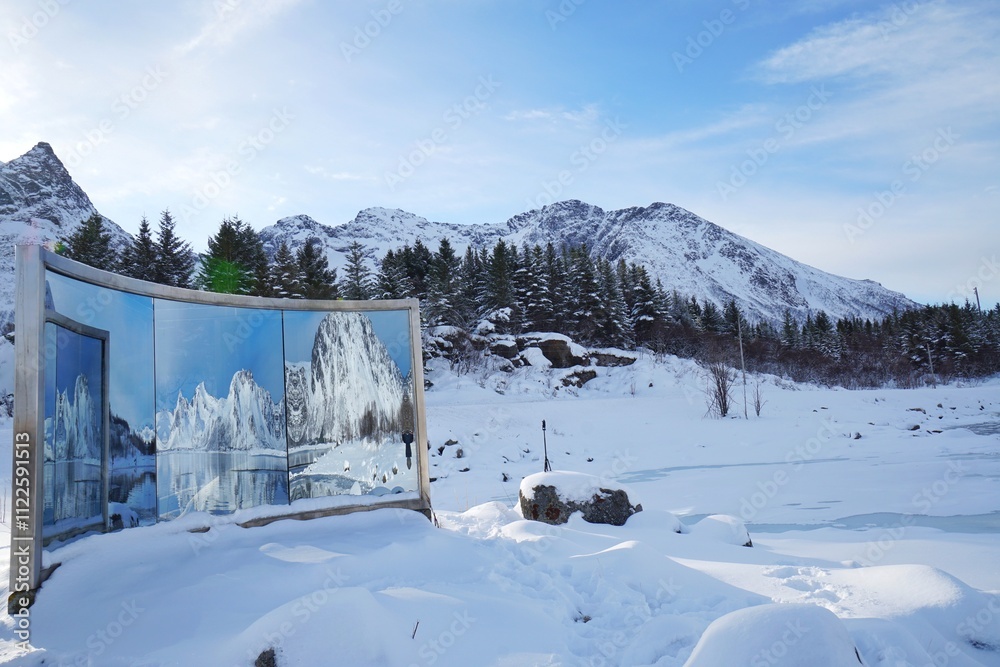 A mirror with snow mountain background.