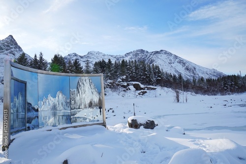 A mirror with snow mountain background. 
