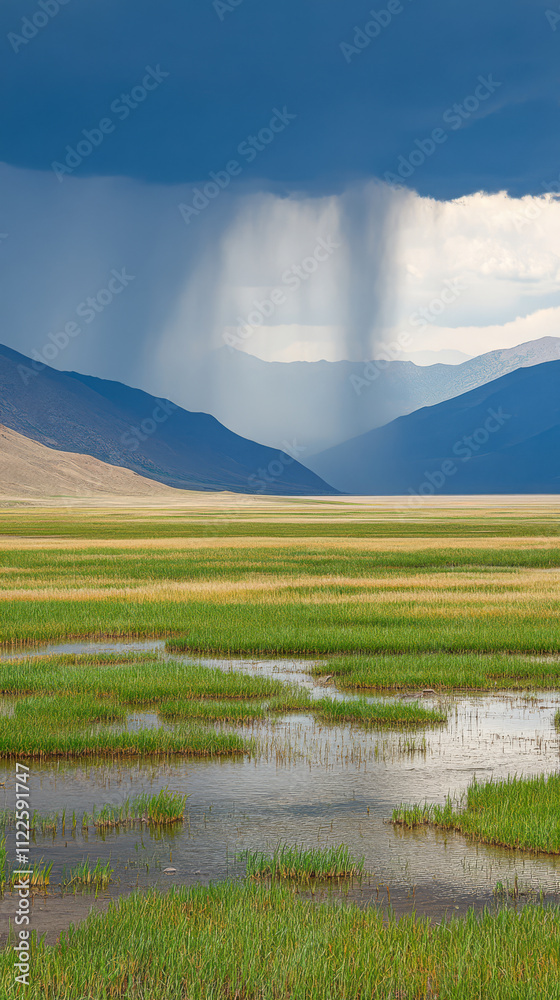 Obraz premium Expansive green landscape under dark storm clouds with distant mountains and rain