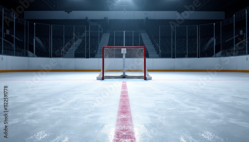 Empty ice hockey rink with goal net and red line during practice session 