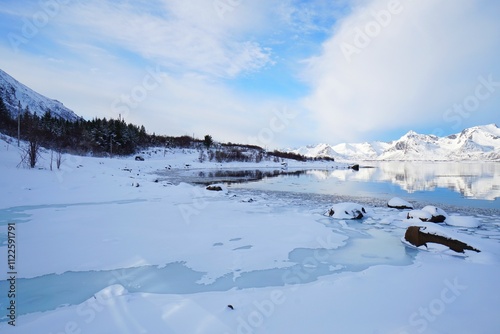 Snow mountain and lake during winter season . 