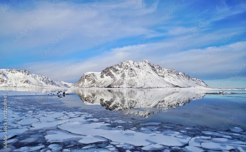 Beautiful lake with snow mountain during winter season.