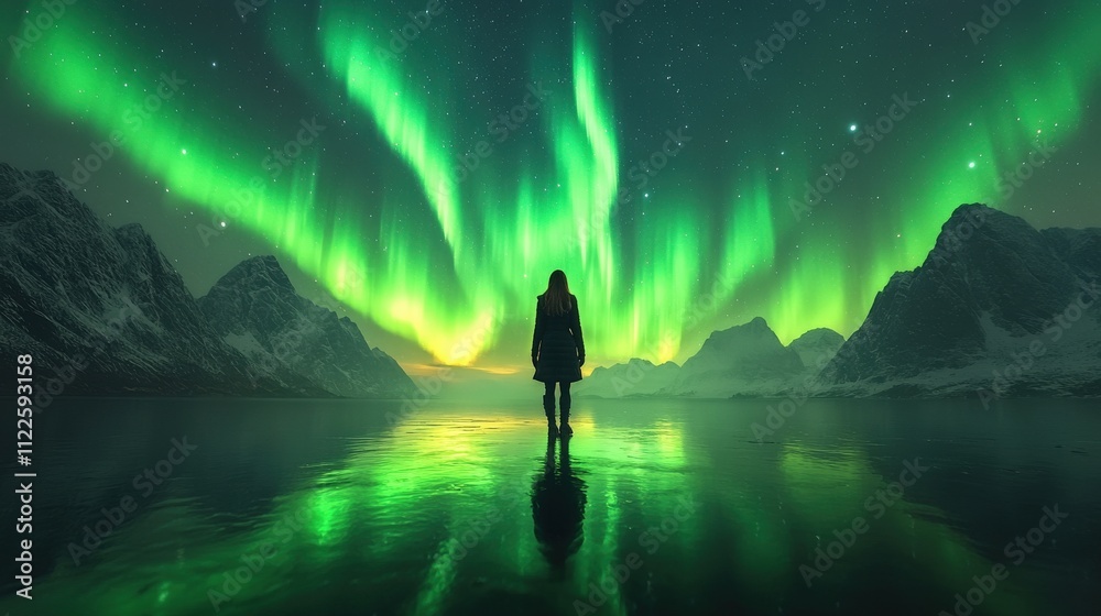 Obraz premium A silhouette against a vibrant aurora borealis over a tranquil landscape.