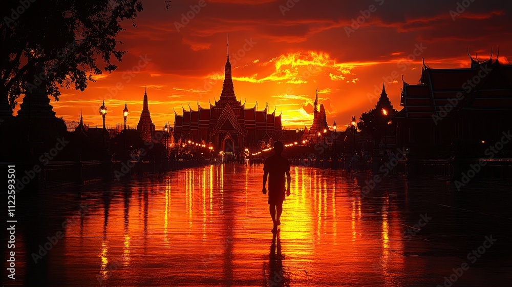 Fototapeta premium A silhouette walks through a reflective path at sunset, highlighting a temple's grandeur.