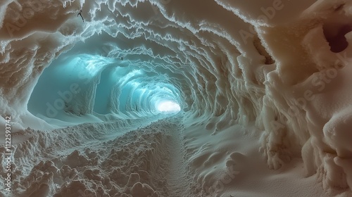 A snow tunnel illuminated with soft blue light, creating a surreal winter landscape. photo