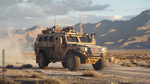 Armored car illuminated by artificial light Bushmaster Protected Mobility Vehicle, Generative Ai