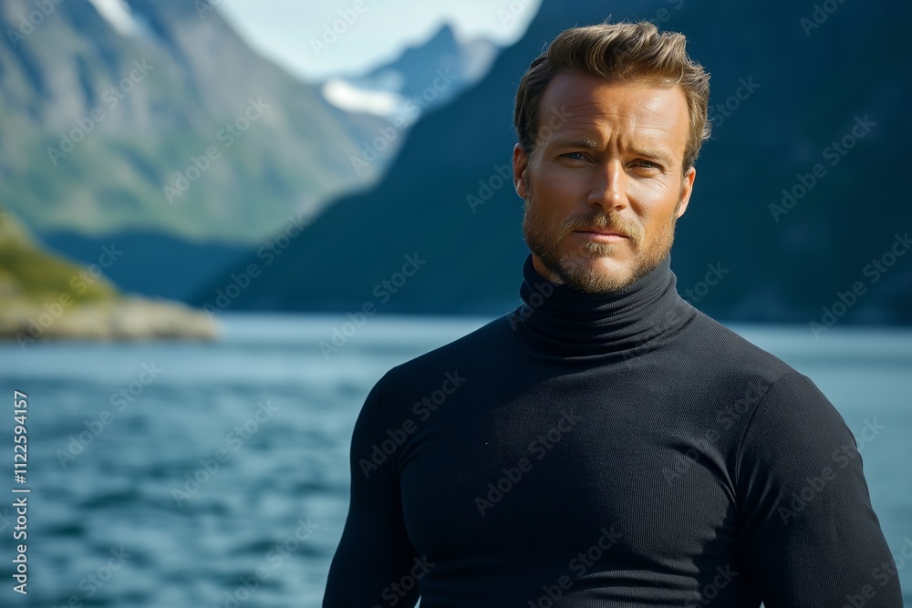 Fototapeta premium A confident man stands near the serene waters of the Norwegian Fjords, showcasing his rugged charm against a breathtaking natural backdrop of mountains and sea.