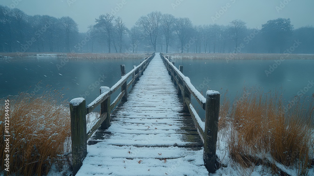 Obraz premium A snowy wooden bridge extends over a calm lake, surrounded by trees in a serene winter landscape.