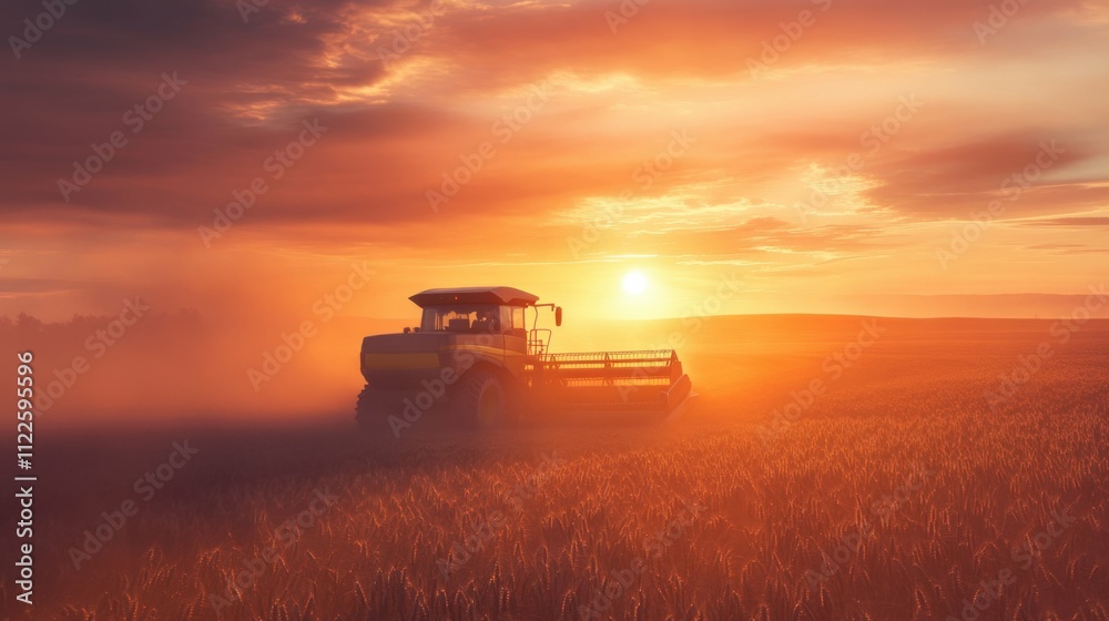 Fototapeta premium powerful combine harvester plowing field at sunset, agricultural scene