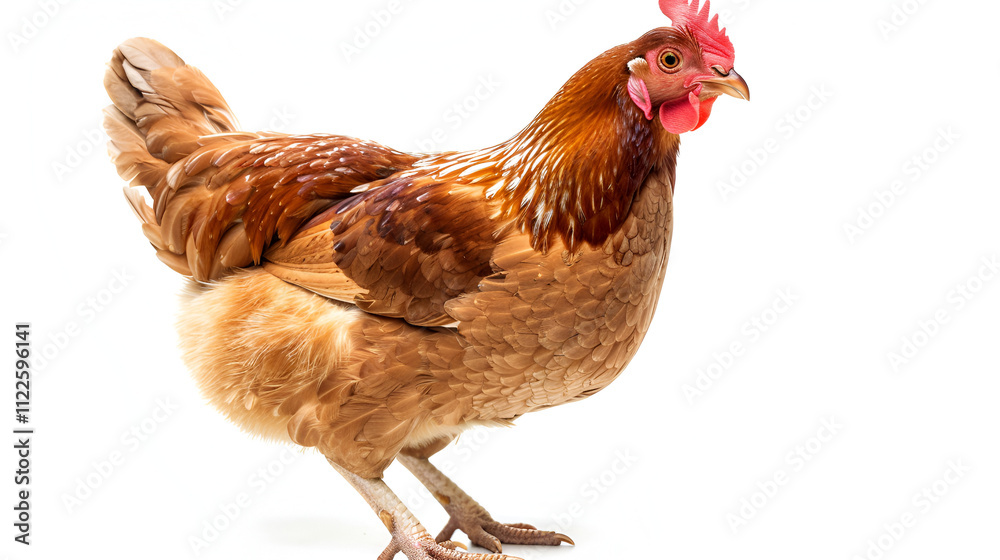 Fototapeta premium Low Angle View of a Chicken against black background Five Chickens on white, Generative Ai
