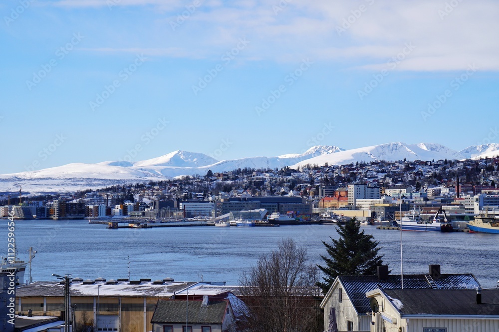 Beautify town with snow mountain background at Norway, Europe.