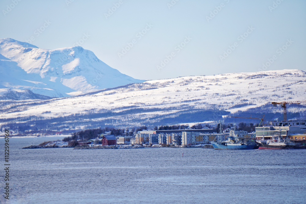 City with snow mountain background.
